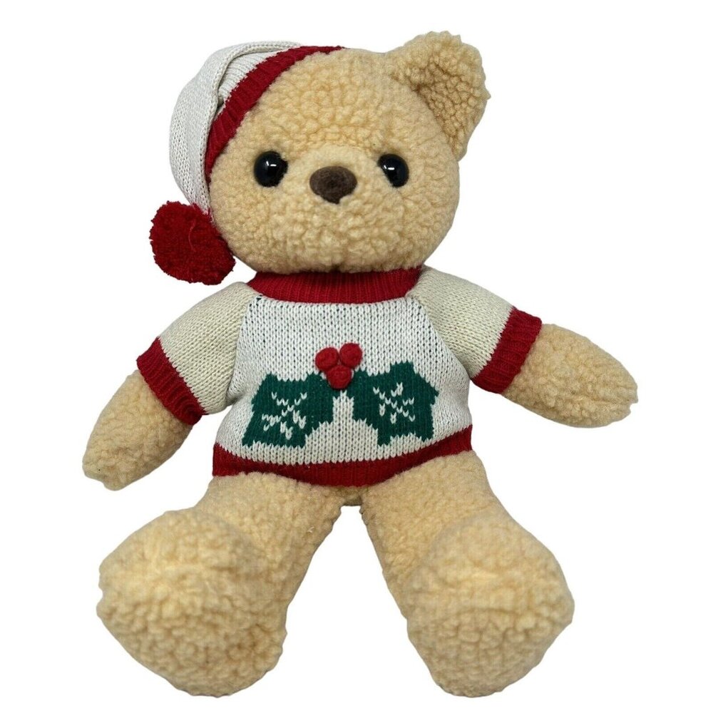 TB Trading Christmas Bear Plush Curly Fur Holly Berry Sweater Beige 14 Inch